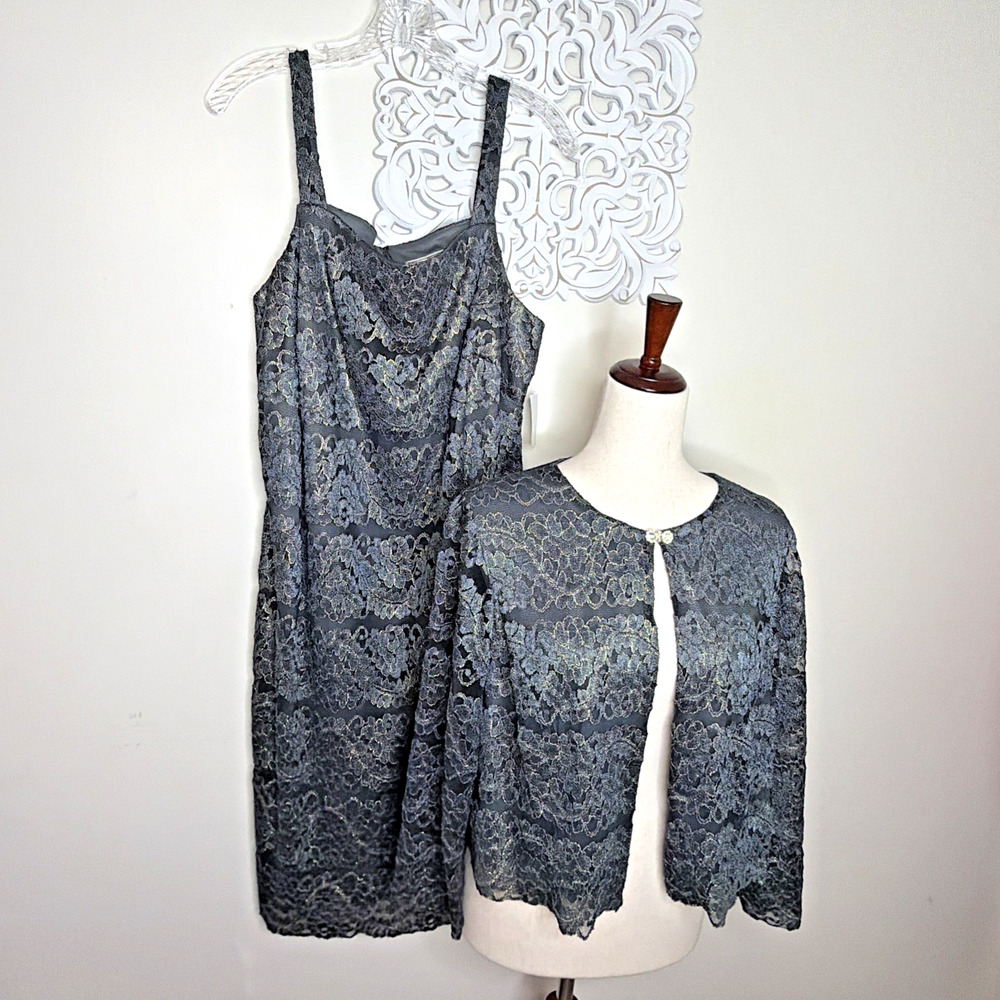 Jessica Howard Woman 14 14W Lacy Cocktail Sheath Dress & Jacket Set BLACK Gold